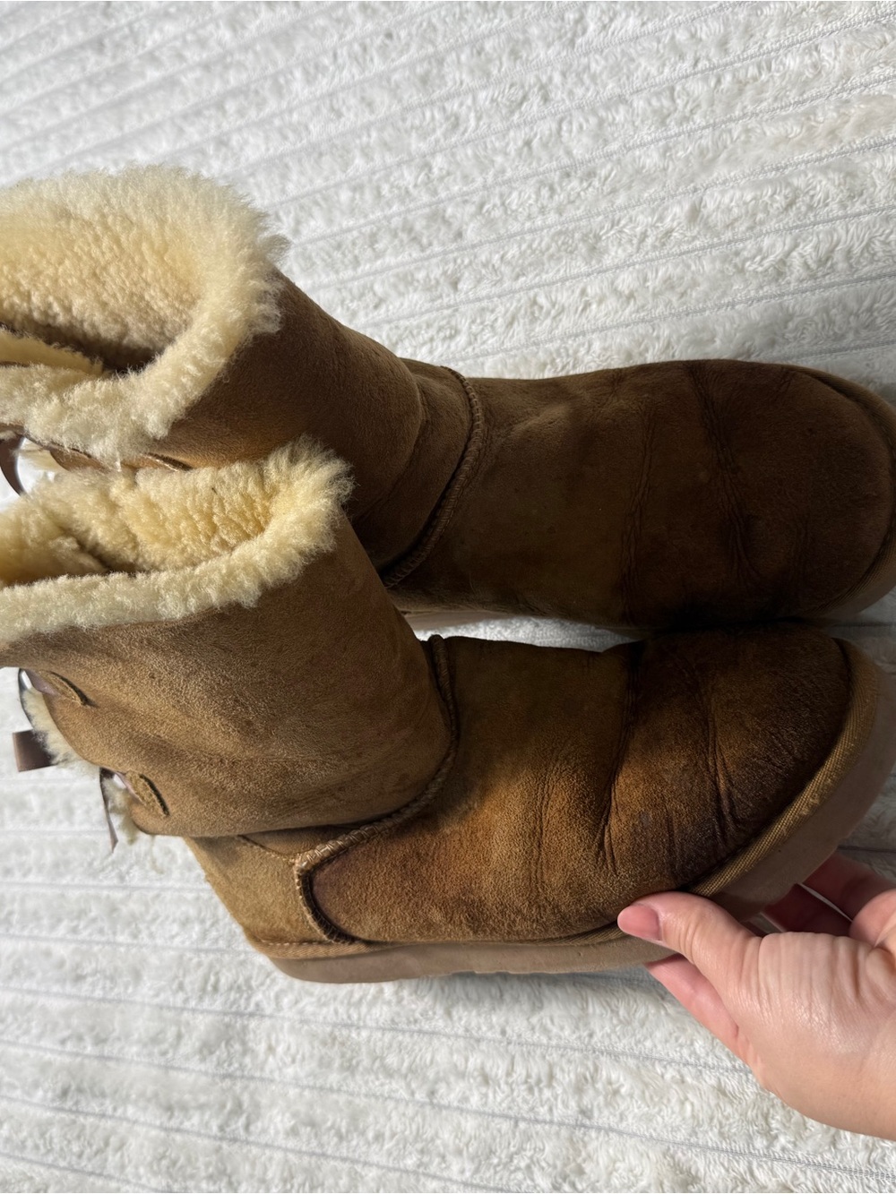 UGG Bailey Bow Brown Suede Shearling Lined Mid-Calf Pull On Boots US 10